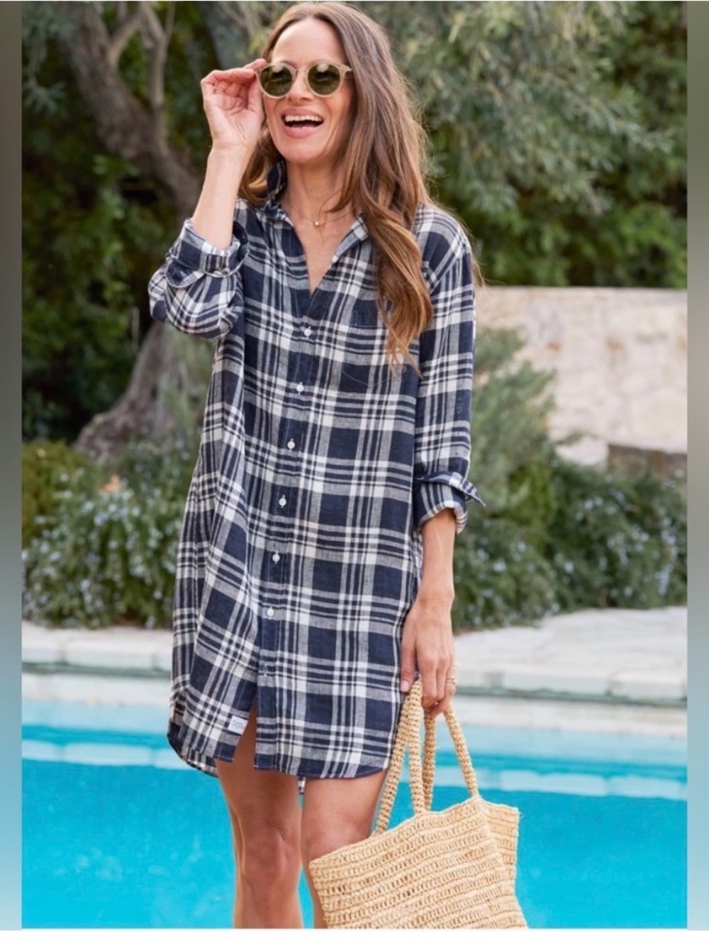 Frank & Eileen Mary Plaid Linen Shirt Dress, Navy White, Long Sleeve, Large